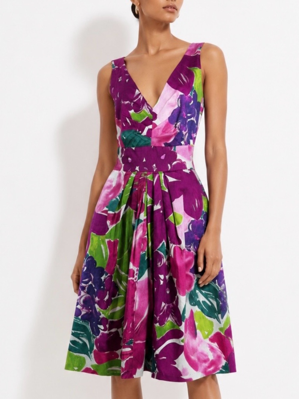 SUZI CHIN for Maggy Boutique Purple Green Floral V-Neck Midi Cotton Dress US10